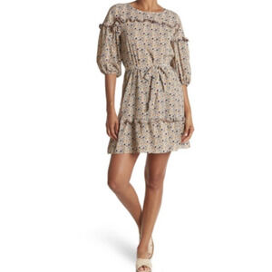 Max Studio Floral Ruffle Crepe Dress S 4 6 Puff Sleeve Tie Waist Boho Prairie